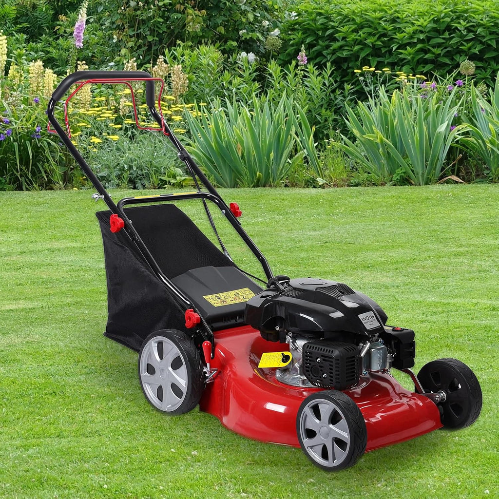Self Propelled Gas Lawn Mower, 141cc 20 Inches Gas Lawn Mower, 7-Position Single Lever Height Adjustment, Push Lawn Mower Gas Powered with 50L Grass Tank and Big Wheels for Lawn Care Red