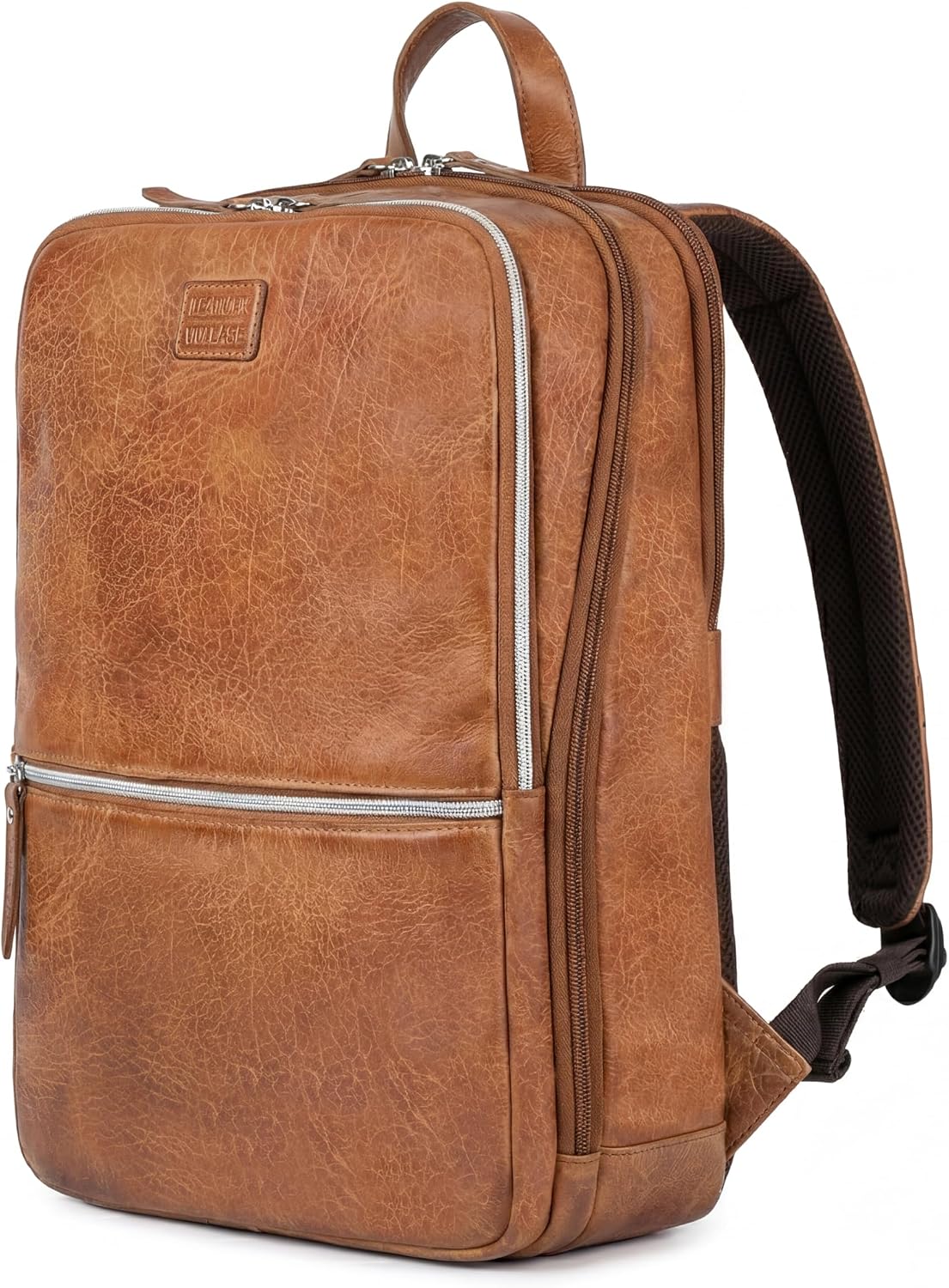 LEATHER VILLAGE Leather Laptop Backpack for Men | Camel Brown | Slim Professional Business Bag Fits 15.6'-Laptop | Water-Repellent Work & Travel Daypack with Trolley Strap