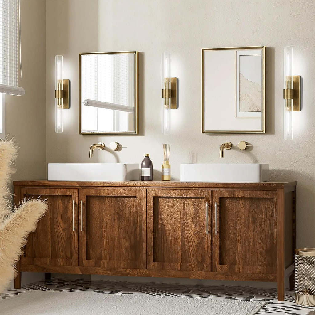 Brass and Glass Wall Sconces, 22.8' Vanity Lights for Bathroom 2 Lights, Horizontal or Vertical Linear Gold Wall Lamp, Indoor Sconces Wall Lighting, Tube Sconce for Living Room, Hallway