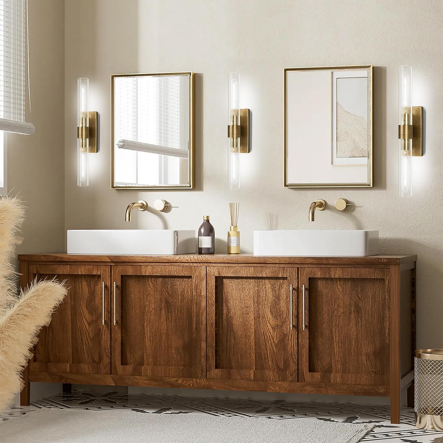 Brass and Glass Wall Sconces, 22.8' Vanity Lights for Bathroom 2 Lights, Horizontal or Vertical Linear Gold Wall Lamp, Indoor Sconces Wall Lighting, Tube Sconce for Living Room, Hallway
