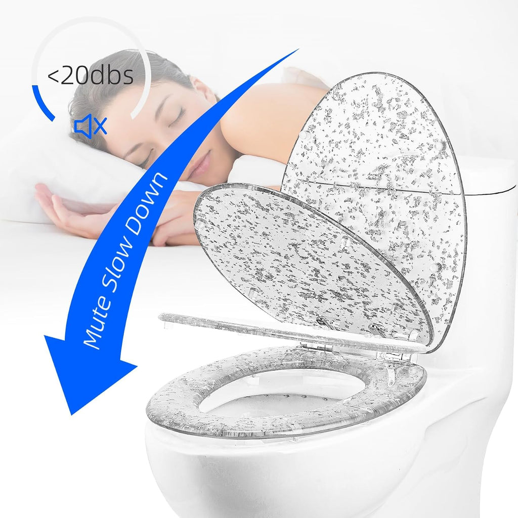 Elongated Resin Toilet Seat with Soft Close, Easy Clean, and 360° Adjustable Hinges - Quick Release Heavy Duty with Glitter Cover in Silver (Gold) and Pink