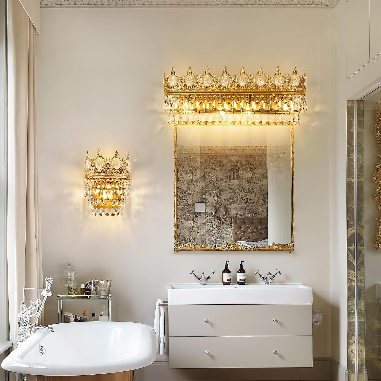 TOCHIC Bathroom Vanity Light Fixtures Over Mirror 4 Lights Gold Crystal Bathroom Wall Light Fixtures Indoor Dimmable, Farmhouse Vintage Sconces for Mirror Cabinets, Powder Room, Bedroom, 24.5' L