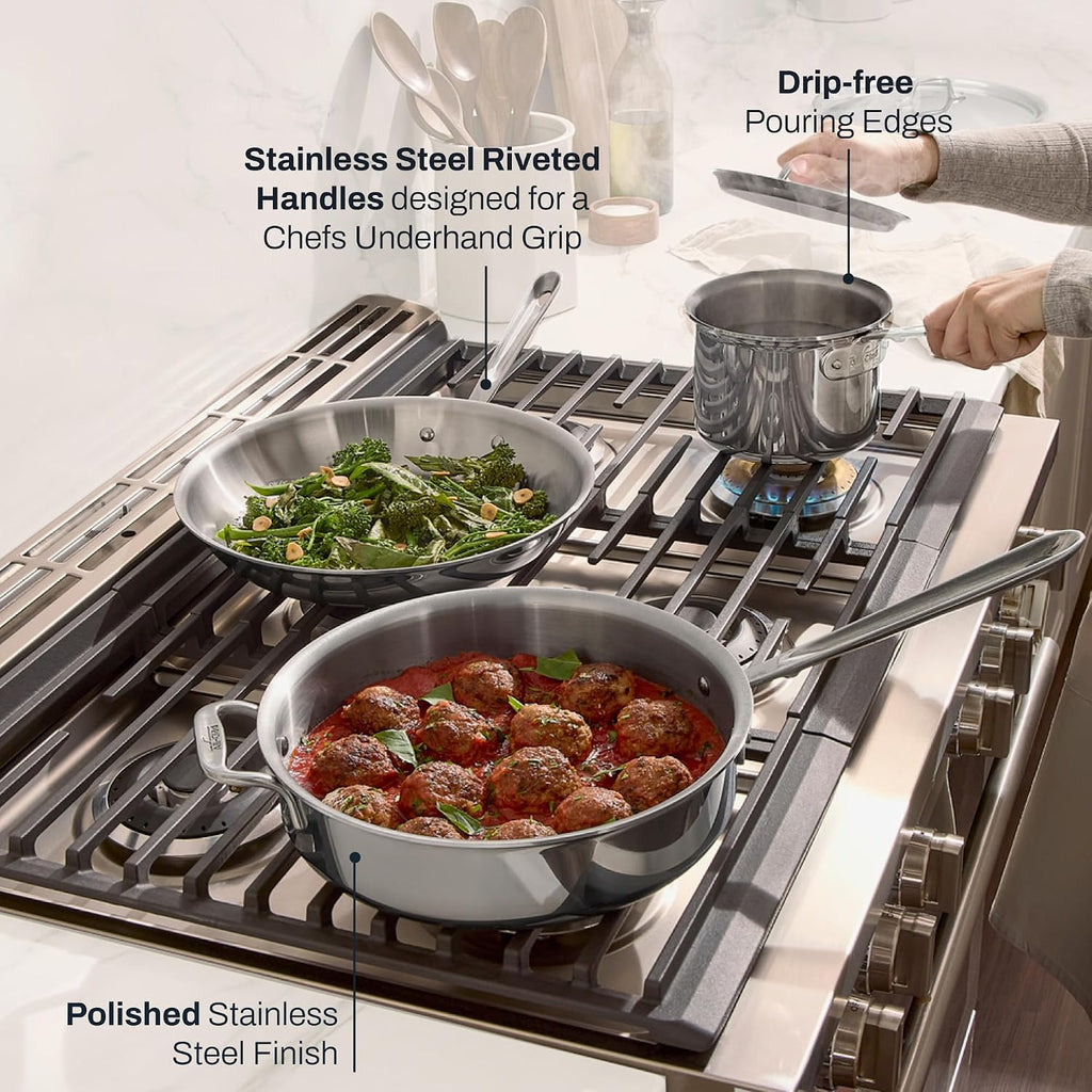 All-Clad D3® Stainless Steel 6 Piece Cookware Set- Made in USA- Includes 12' Fry Pan, 2 Qt Saucepan, 4 Qt Sautépan, Professional Grade -Oven Safe & Induction Compatible