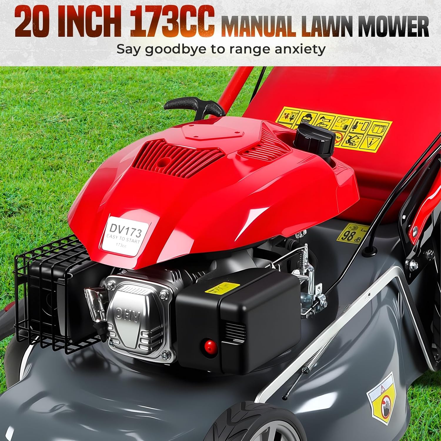 cdar Self-Propelled Gas Lawn Mower, Gas Lawn Mower with 173cc Engine, 60L Grass Bag 20-Inch Cutting Width Adjustable Height Heavy-Duty Steel Deck for Yard Patio & Large Lawns Maintenance Red