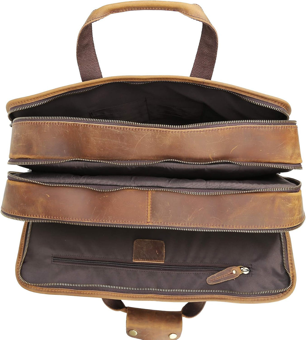 Polare 17'' Full Grain Leather Briefcase Laptop Attache Case Messenger Bag For Men Fits 15.6'' Laptop