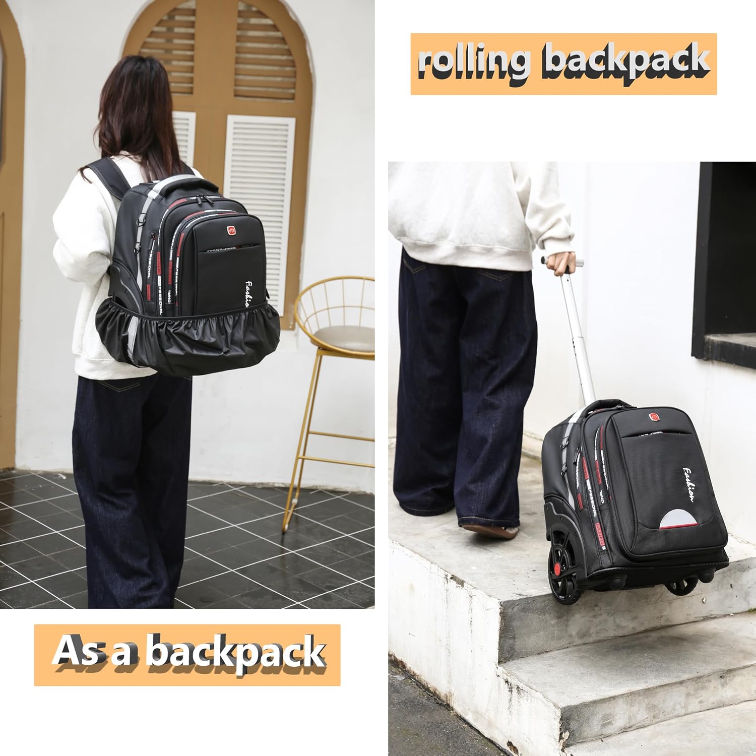 Rolling Backpack for Adults, 22 Inch Backpack with Wheels for Business, College Student and Travel Commuter, Waterproof Wheeled Backpack (black)