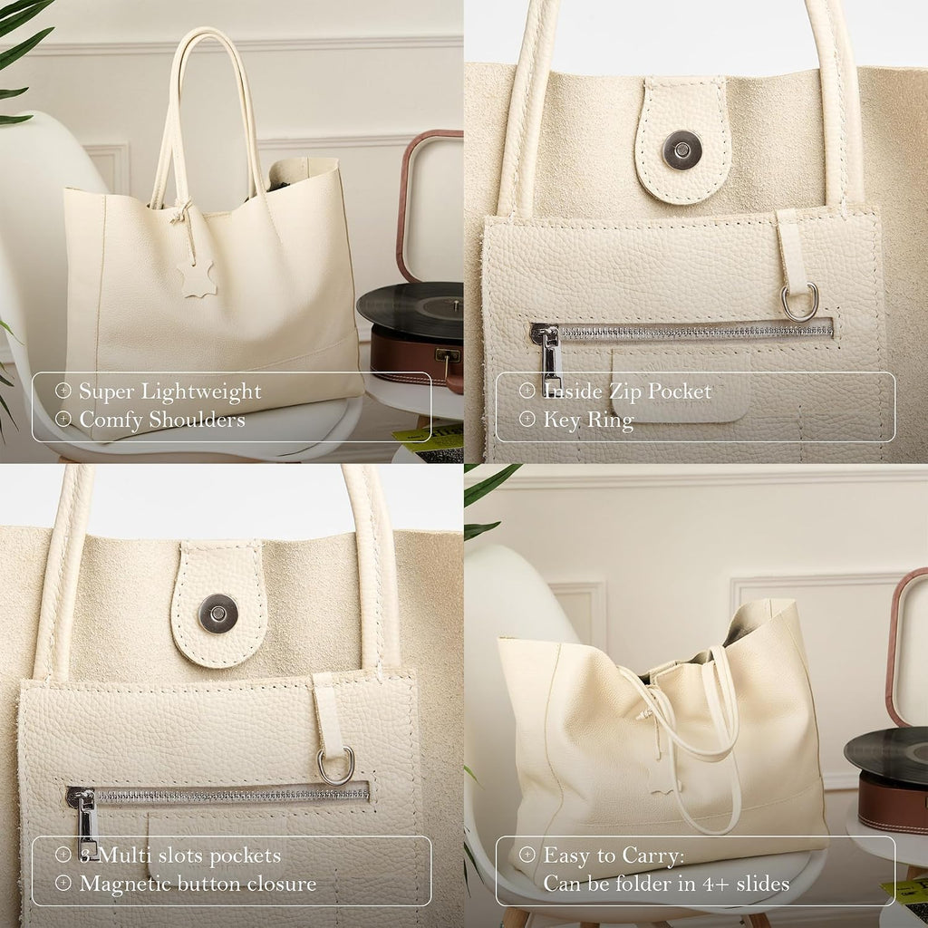 Italian Leather Tote Bag for Women - Large Shoulder Shopper, Fits 16' Laptop, Keychain Holder, Made in Italy