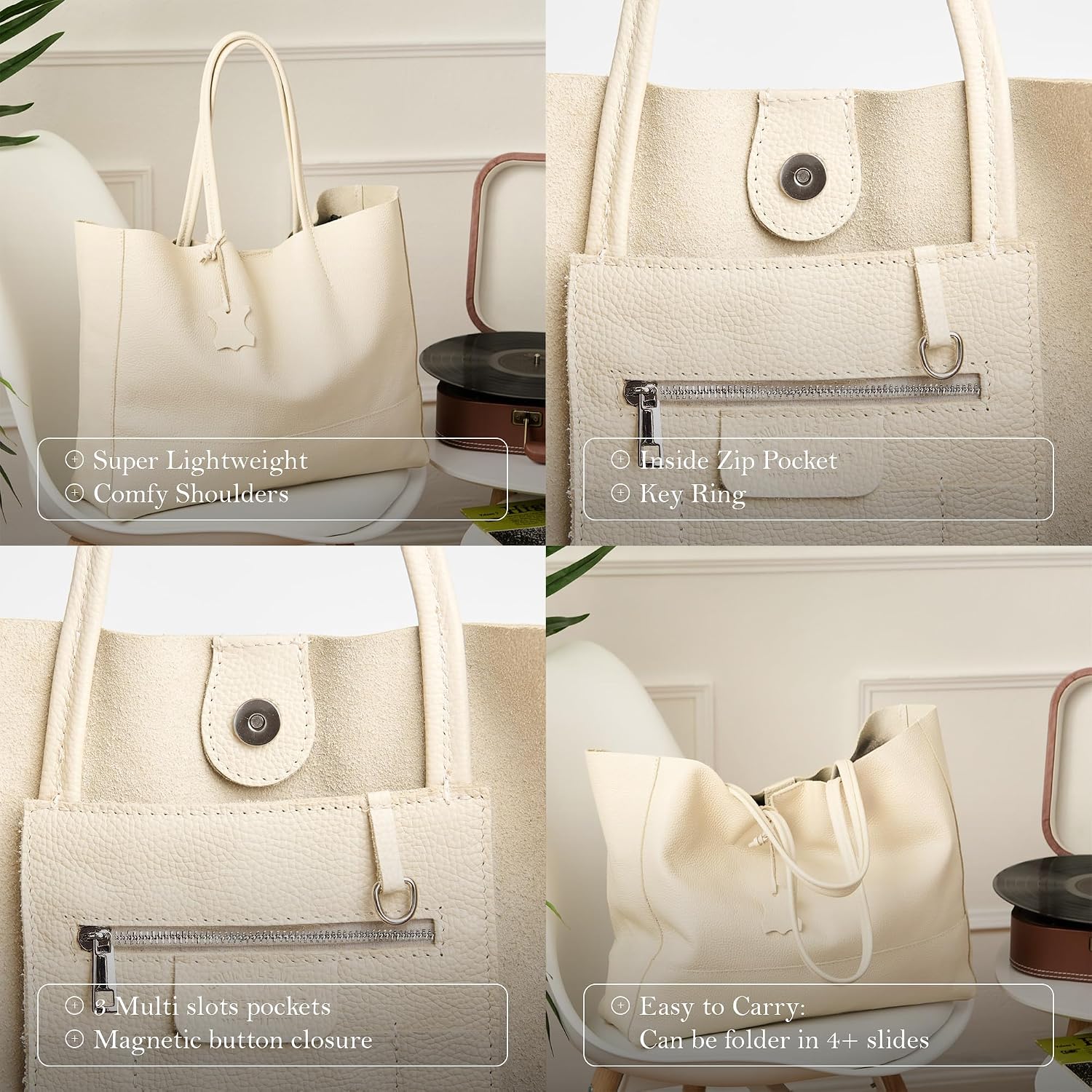Italian Leather Tote Bag for Women - Large Shoulder Shopper, Fits 16' Laptop, Keychain Holder, Made in Italy