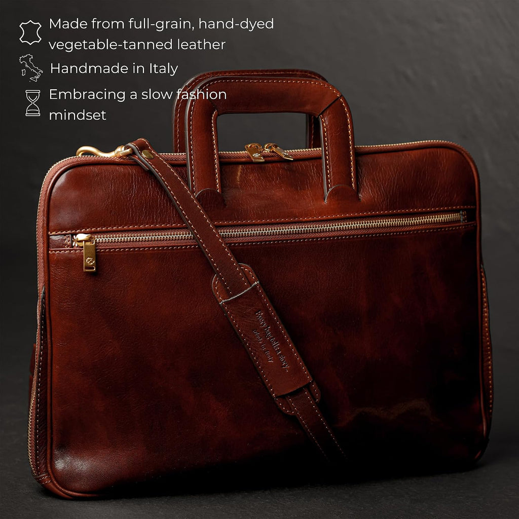 Time Resistance Slim Leather Briefcase - Italian Handmade Leather Computer Bag - Briefcase for Men and Women - Laptop Bag