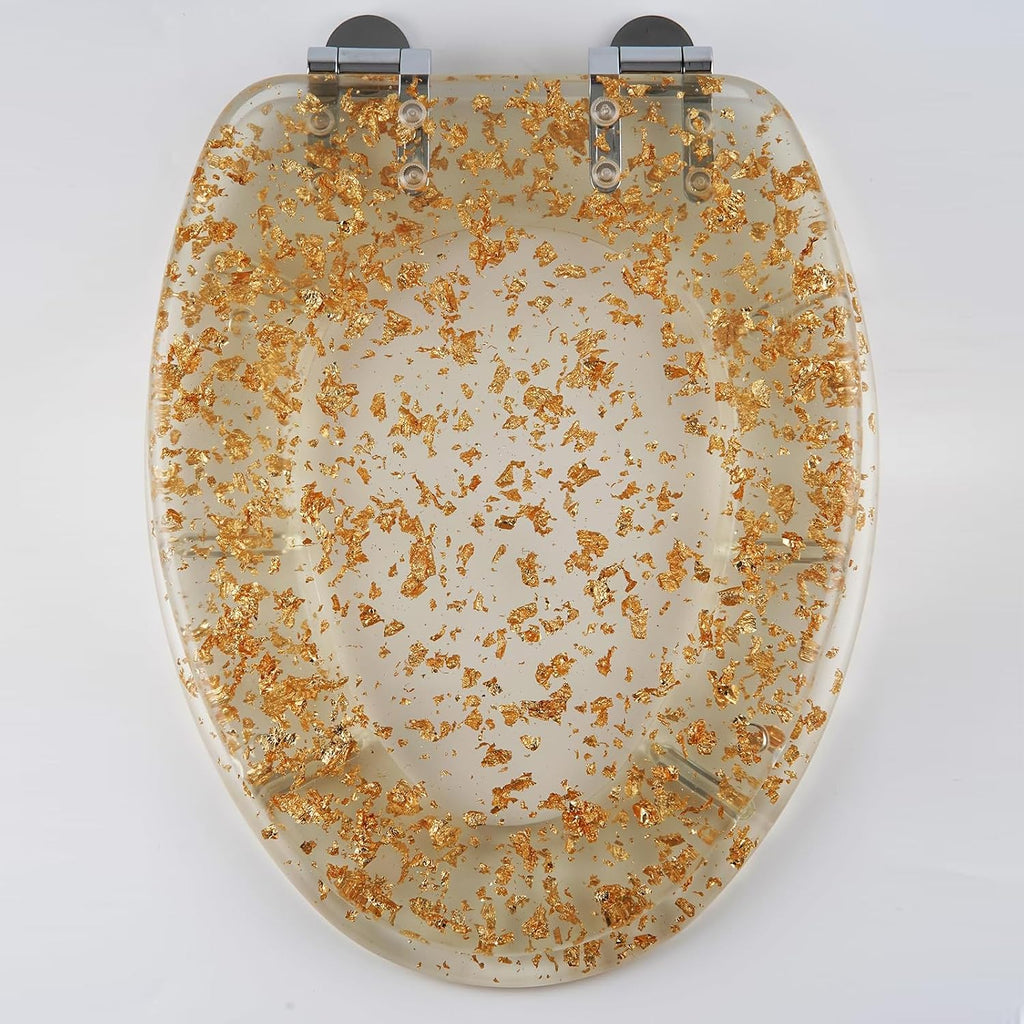 Toilet Seats 17.3' Glitter Toilet Seat Range Novelty Glitzy Sparkle Bathroom Toilet Seat, Soft Close, Quick Release for Easy Clean with Top Fixtures,Gold(Gold Foil)