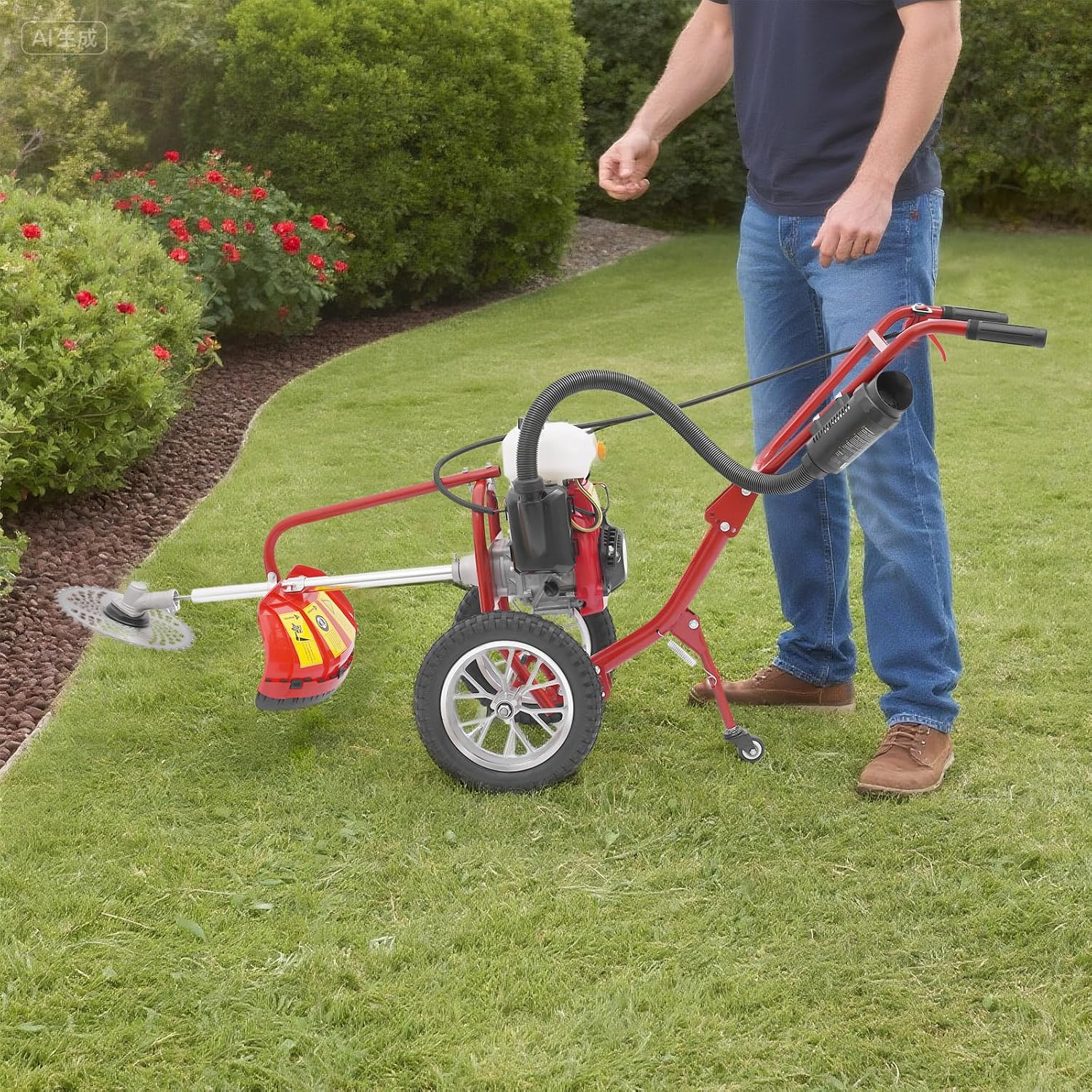 63CC Gas Powered Tiller Cultivator, 4-Stroke Hand Push Micro Cultivator Lawn Mower, 3-in-1 Mowing Tilling Trenching Machine for Farms Parks Lawns Gardens Courtyards (63CC 4-Stroke)