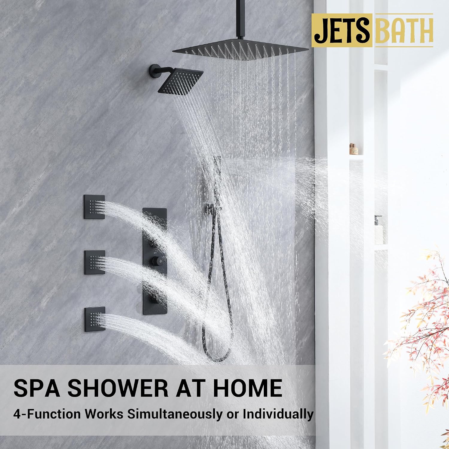 Matte Black Thermostatic Shower System with Body Jets, Ceiling 16' Rainfall Shower & Wall Mount 6-Inch Shower Head Luxury Shower Faucet Set with Handheld Spray, Dual Shower Heads Set