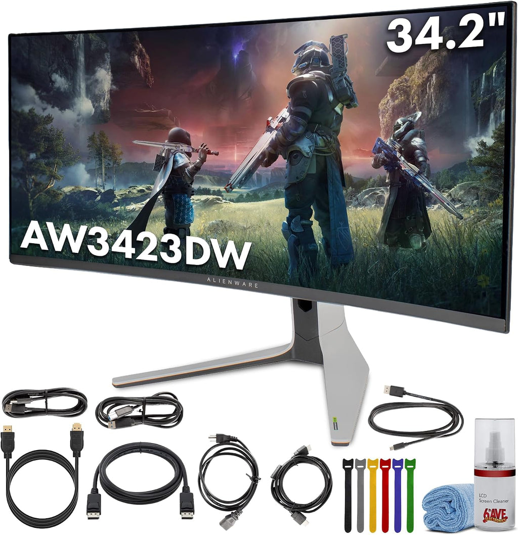 Alienware AW3423DW 34.2' Curved QD-OLED PC Gaming Monitor, 3440x1440 Ultrawide, 175Hz, 0.1ms, G-Sync Ultimate, HDR True Black 400, 99.3% DCI-P3, USB Hub, Lunar Light Bundle