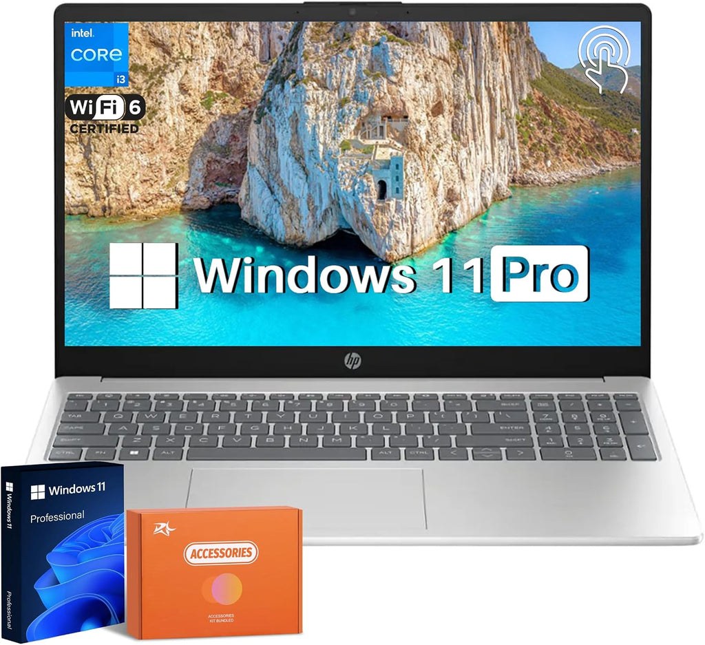 HP 15.6 Touchscreen Business Laptop, Intel i3 1215U(Up to 4.4 GHz), 15.6 LED 250 Nits Display, 16GB RAM, 512GB SSD, Long Battery Life, Wi-Fi 6E, Windows 11 Pro, Natural Silver, Accessories