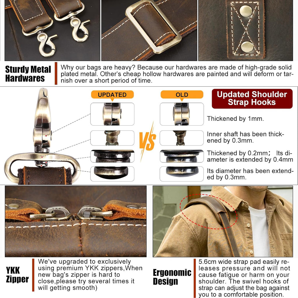 Masa Kawa Leather Briefcase for Men 15.6', 17' Laptop Computer Case Business Travel Work Messenger Cross Body Shoulder Bag