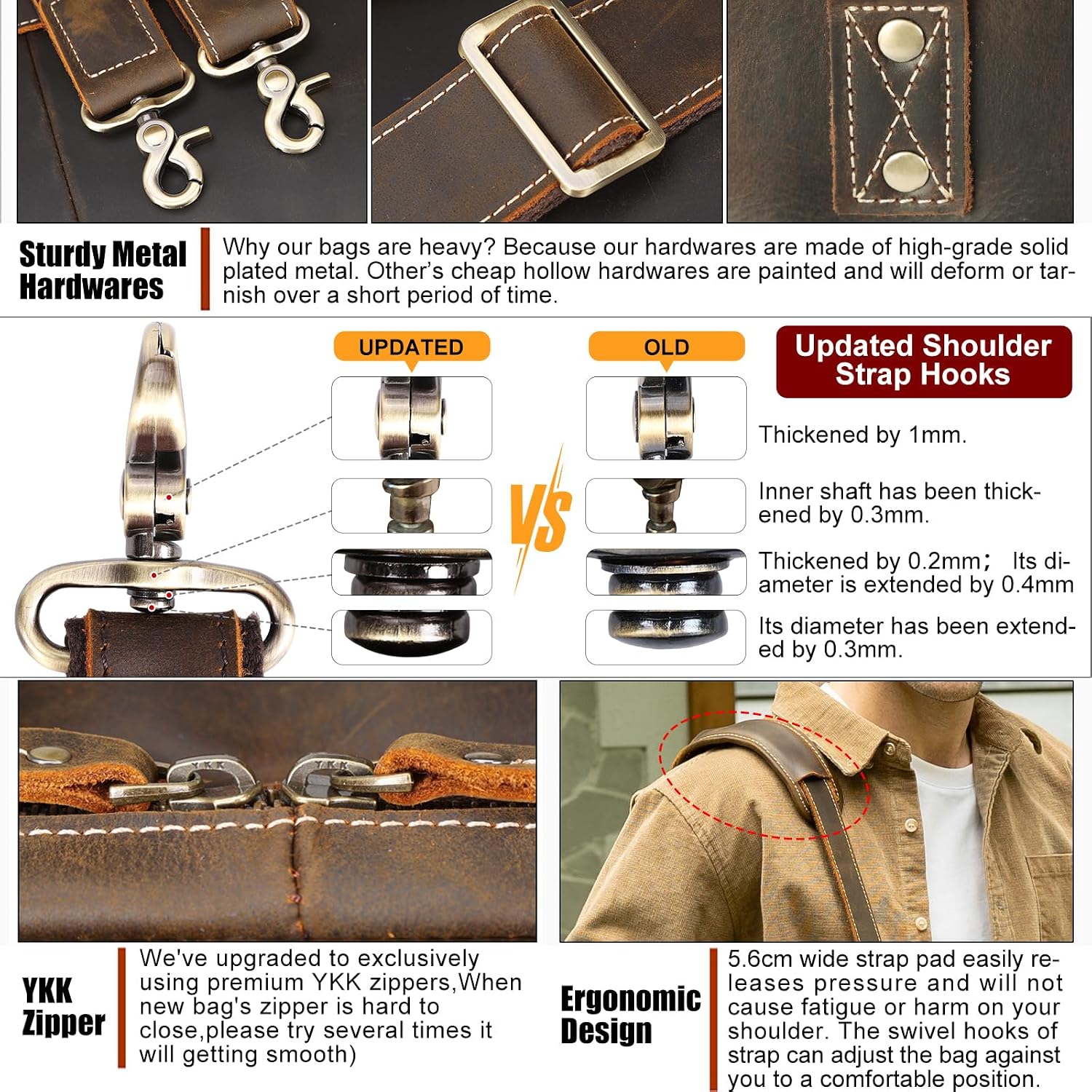 Masa Kawa Leather Briefcase for Men 15.6', 17' Laptop Computer Case Business Travel Work Messenger Cross Body Shoulder Bag