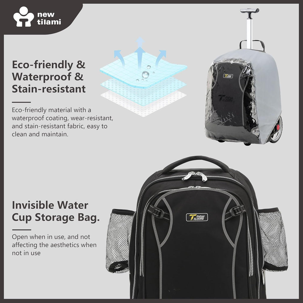 NEW TILAMI 20' Rolling Backpack for Teens Adults, Climbing Stairs Waterproof Backpack with Wheels for School Business Trave Camping with Laptop Compartment, Fit 17 Inch Laptop, Black