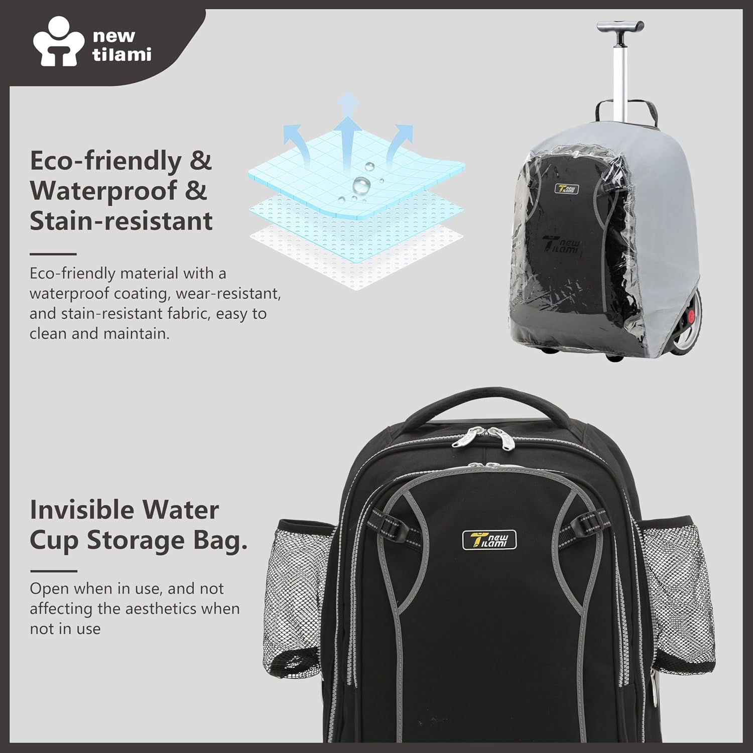 NEW TILAMI 20' Rolling Backpack for Teens Adults, Climbing Stairs Waterproof Backpack with Wheels for School Business Trave Camping with Laptop Compartment, Fit 17 Inch Laptop, Black