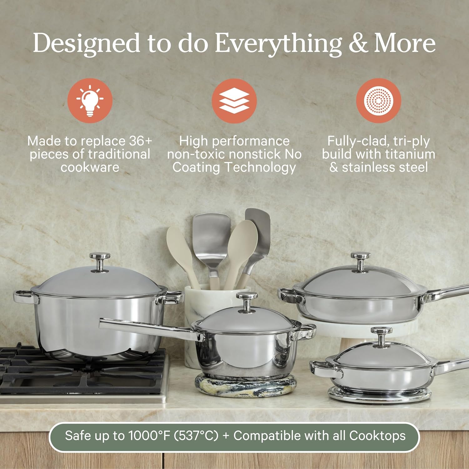 Our Place Titanium Pro Cookware Set | 10-Piece Pots and Pans Set with Always Pan Pro, Perfect Pot Pro & Minis | Non-Toxic No-Coating Nonstick | Induction & Oven-Safe up to 1000°F | Chrome