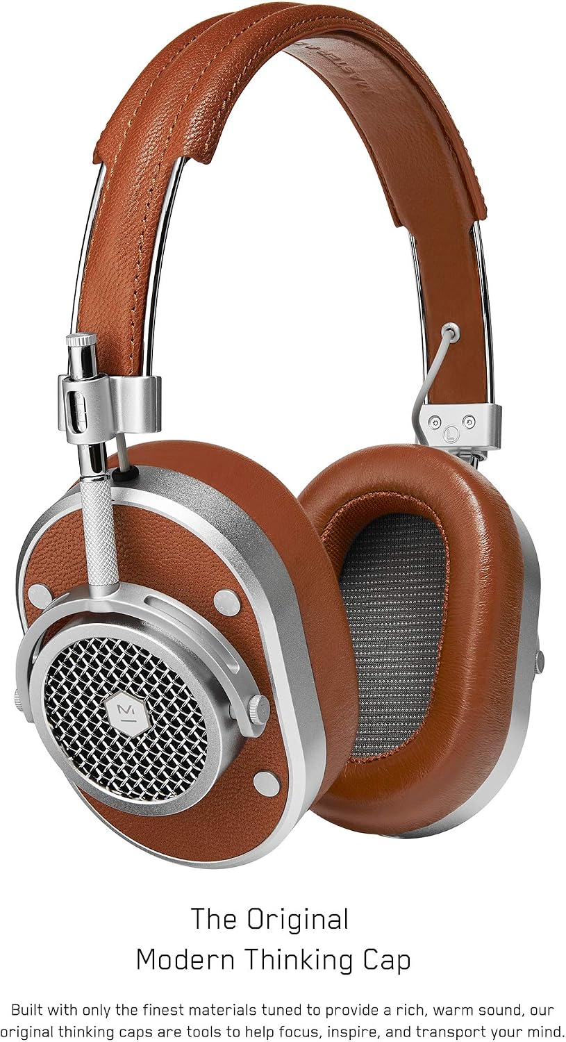 Master & Dynamic MH40 Over-Ear Headphones with Wire - Noise Isolating with Mic Recording Studio Headphones with Superior Sound, Silver Metal/Brown Leather