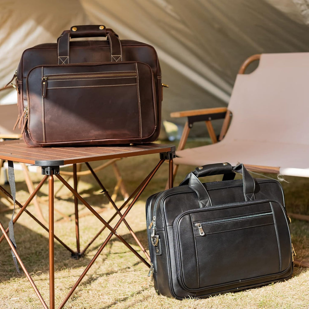 Polare 17' Full Grain Leather Laptop Briefcase Business Travel Laptop Carrying Case Shoulder Bag For Men Fits 17.3' Laptop