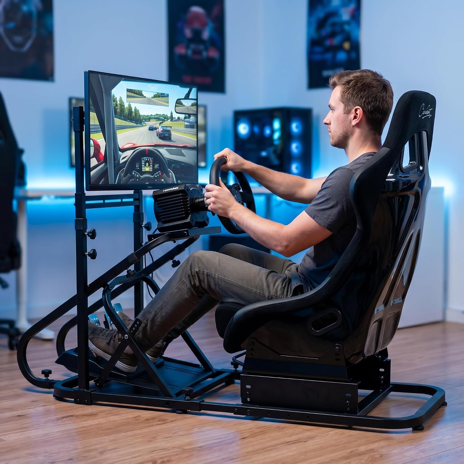 Racing Simulator Cockpit with Monitor Mount and Strong Fiberglass with LOGO Bucket Seat, Racing Wheel Stand Compatible with Fanatec, Thrustmaster, Logitech, Moza Racing Games on PS5, PS4, Xbox and PC