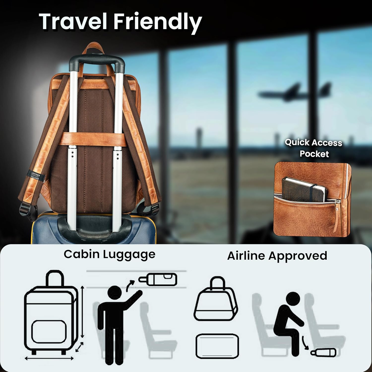 LEATHER VILLAGE Leather Laptop Backpack for Men | Camel Brown | Slim Professional Business Bag Fits 15.6'-Laptop | Water-Repellent Work & Travel Daypack with Trolley Strap