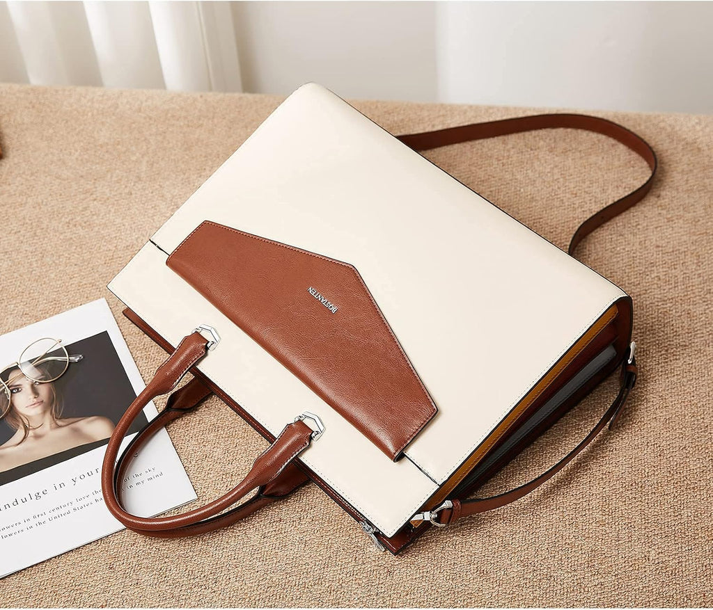 BOSTANTEN Briefcase for Women Laptop Tote 15.6 Inch Genuine Leather Handbag Work Bag Beige