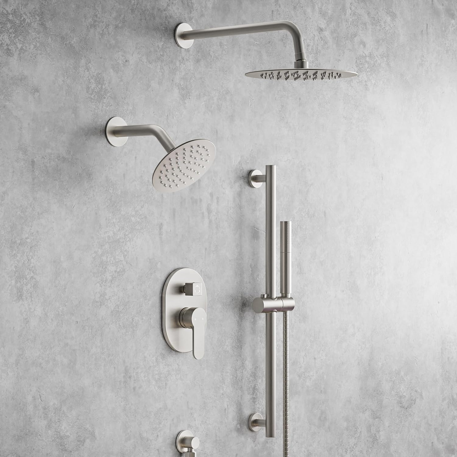Wall Mount 10' High-Pressure Rainfall Shower Faucet with Slide Bar, Dual Rainfall Shower Head System with Valve (Brushed Nickel)