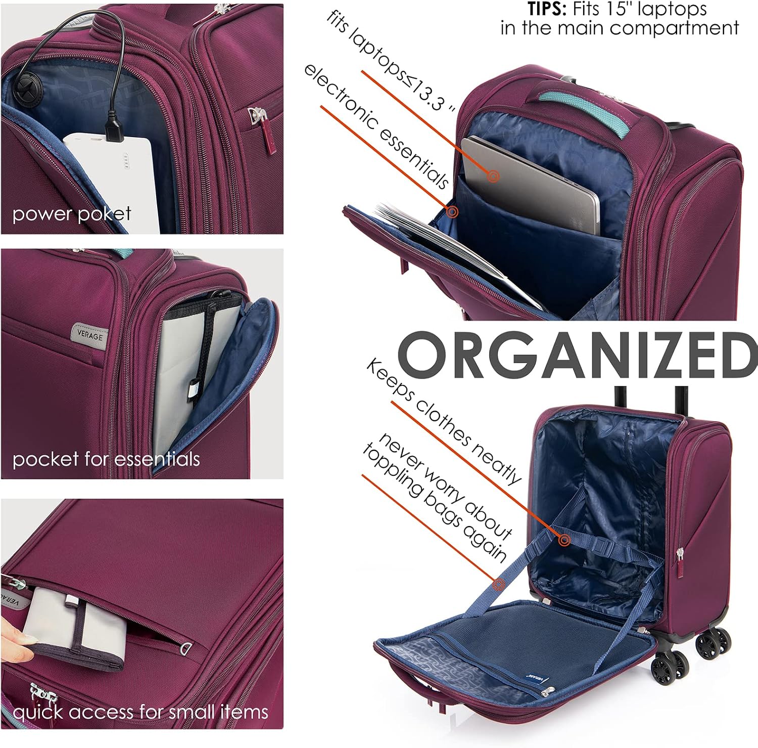 Verage Carry On Underseat Luggage with Wheels & USB Port, 14 Inch Wheeled Spinner Bag Carry-on Luggages for Airlines, Lightweight Suitcase Men Women, Pilots and Crew (14-Inch Compact Underseat)