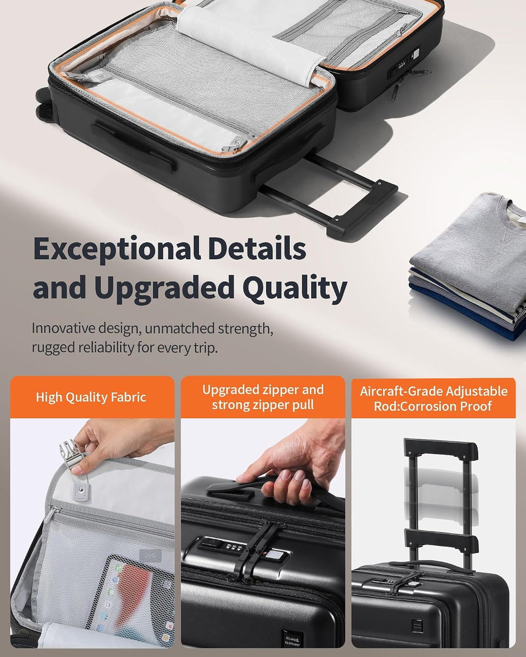 Expandable 20Inch Carry On Luggage Airline Approved - Front Pocket Travel Suitcase 100% PC Unbreakable -with Cup Holder,USB Charge,Side Pothook, 360°Spinner Wheels, TSA Lock-Black