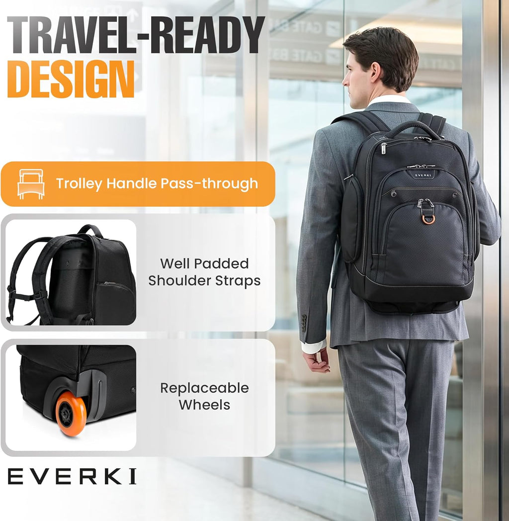 EVERKI Atlas Wheeled 2 Rolling Backpack, 30L 13 To 17.3-Inch Laptops Travel Backpack with Wheels for Professional, RFID-Blocking Pocket, Book Bag with Wheels, Business Travel. Quick-access Pockets