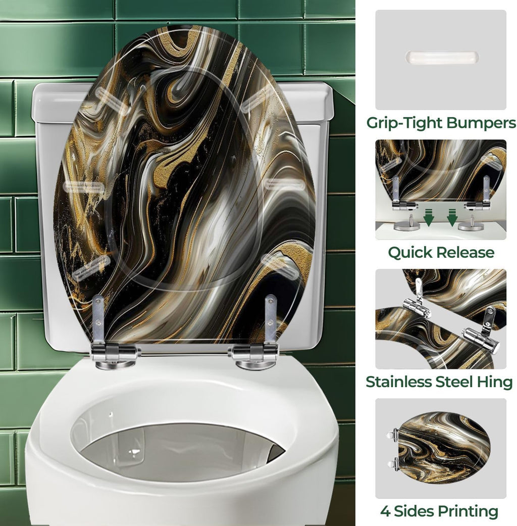 Elongated Toilet Seat Abstract luxury marble Modern 3d Gold black colors Art Resin Toilet Seat Easy to Install Quietly Close Quick Release Hinges Decorative Toilet Seat with Cover