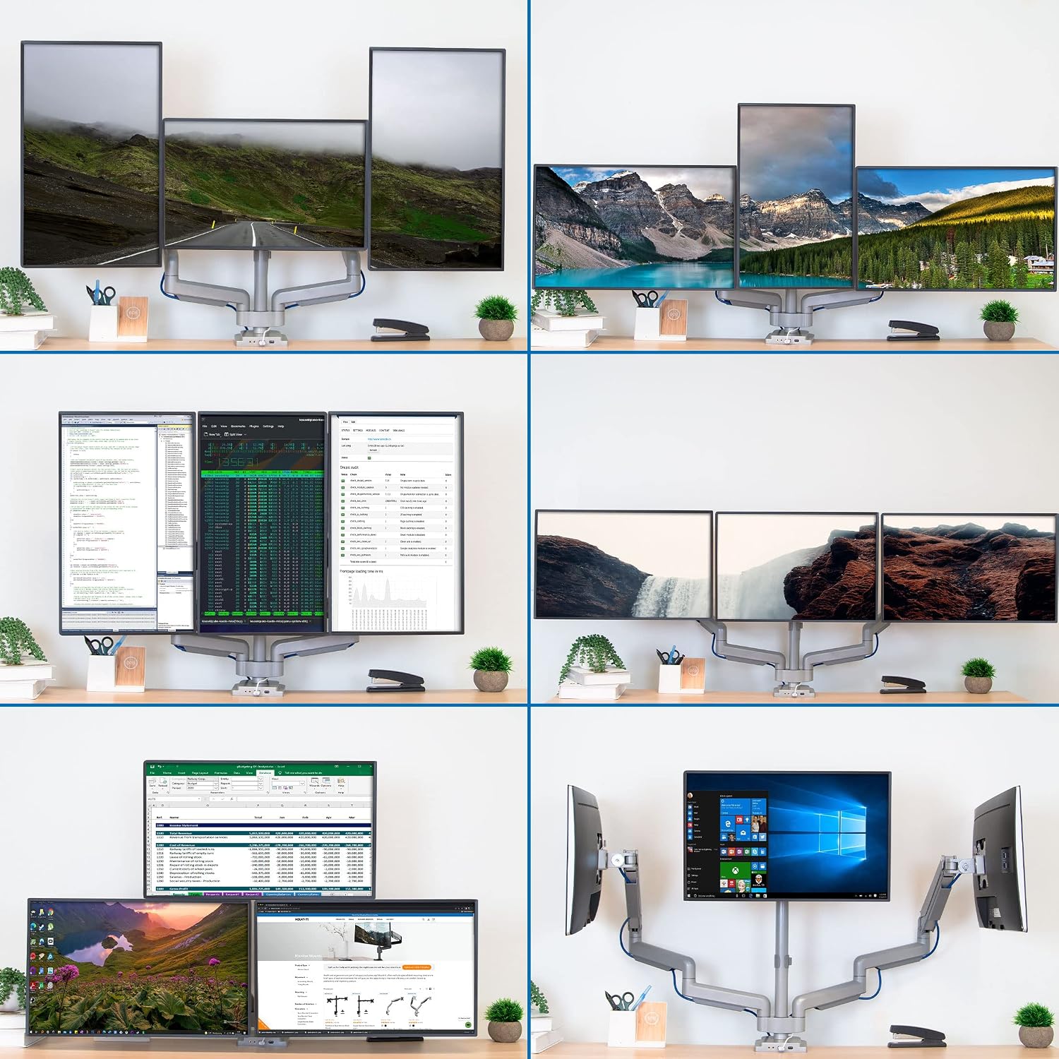 Mount-It! Triple Monitor Mount with Gas Spring Arms, Fits 24–32 Inch Screens, USB & Audio Ports, Full Motion Desk Stand with Tilt, Swivel & Rotation, Heavy Duty Silver 3 Screen Arm with Clamp