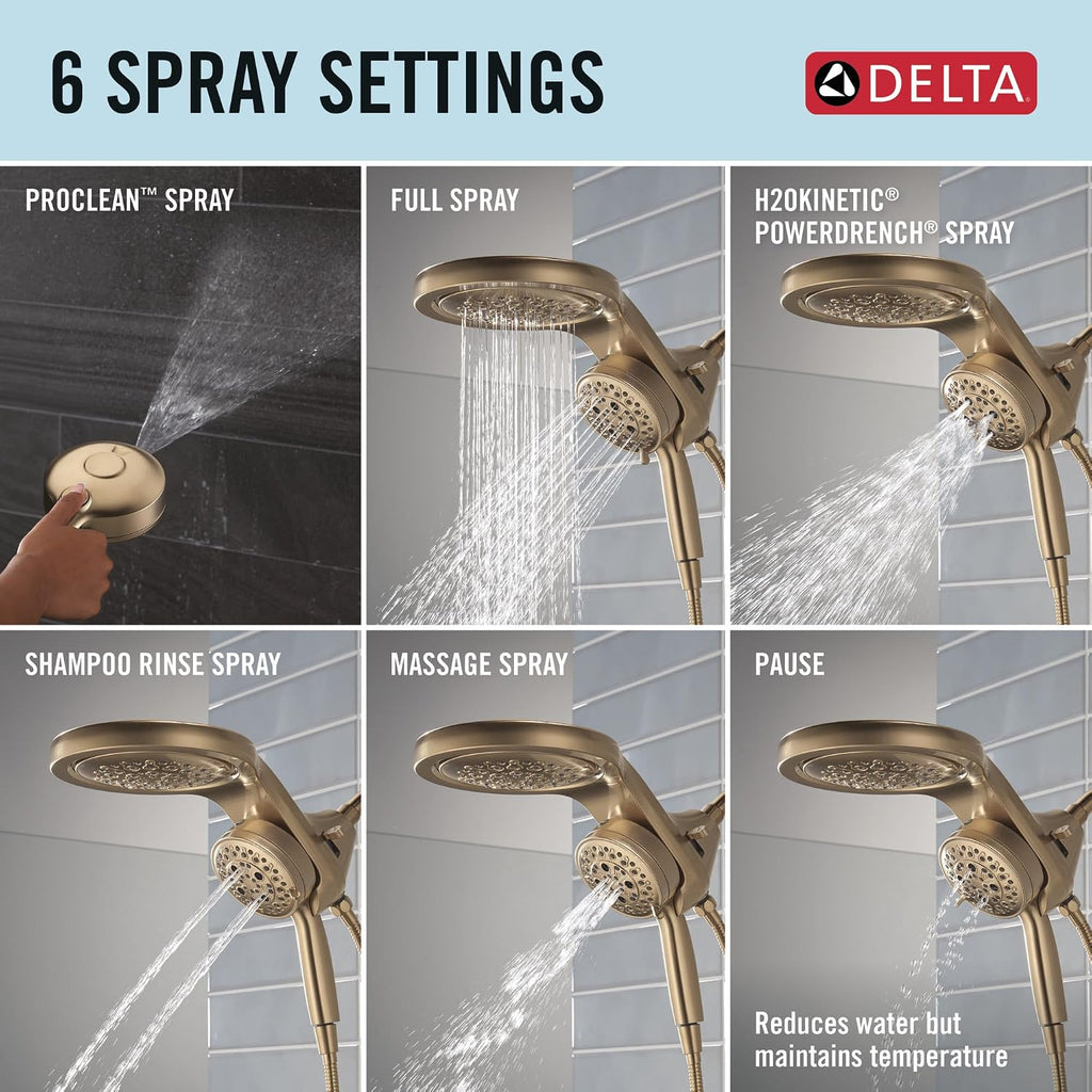 Delta 6-Setting HydroRain Premium 2-in-1 Dual Shower Head with ProClean Spray, Gold High Pressure Shower Head with Handheld Spray, 1.75 GPM Flow Rate, Lumicoat Champagne Bronze 56000-CZ-PR25