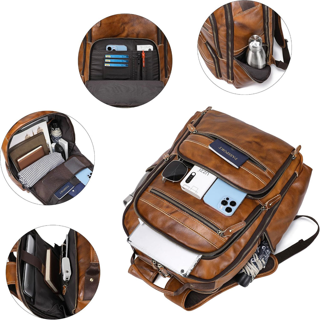 LANNSYNE Vintage Full Grain Leather Backpack For Men, 17.3'' Laptop Bag Causal Rucksack Shoulder Bag Overnight For Business/Travel/Camping