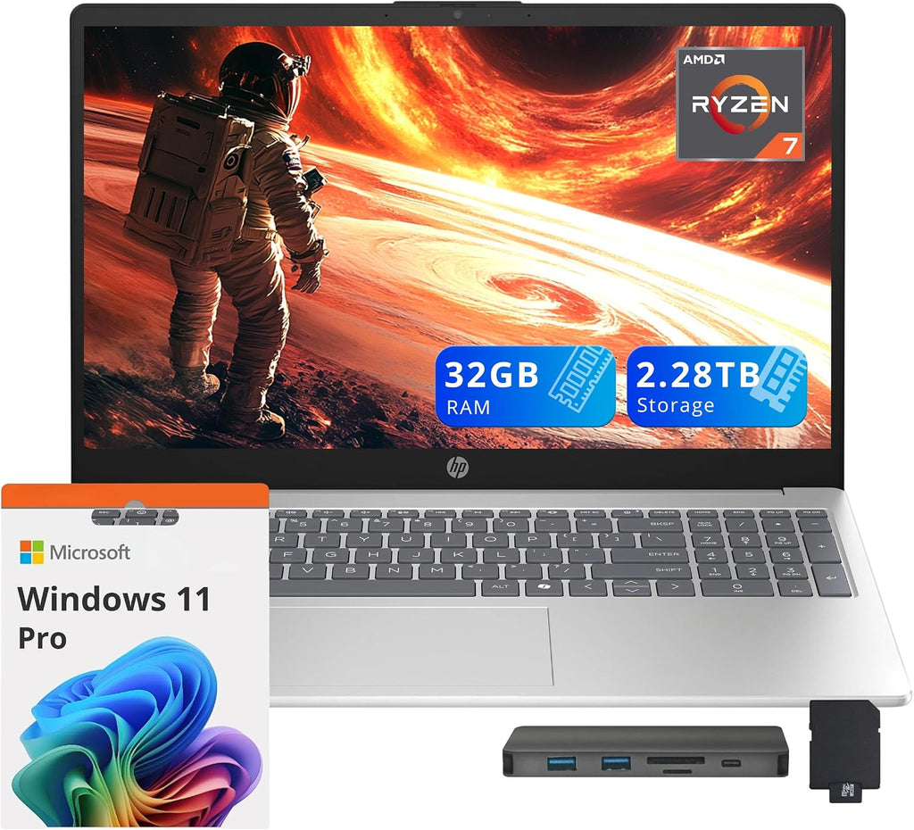 HP 15.6' FHD Laptop, AMD Ryzen 7 5825U, 32GB DDR4 RAM, 2.28TB Storage (2TB SSD+288GB Docking Station Set), AMD Radeon Graphics, Numeric Keypad, 720p HD Camera, Wi-Fi 6, Windows 11 Pro, Silver