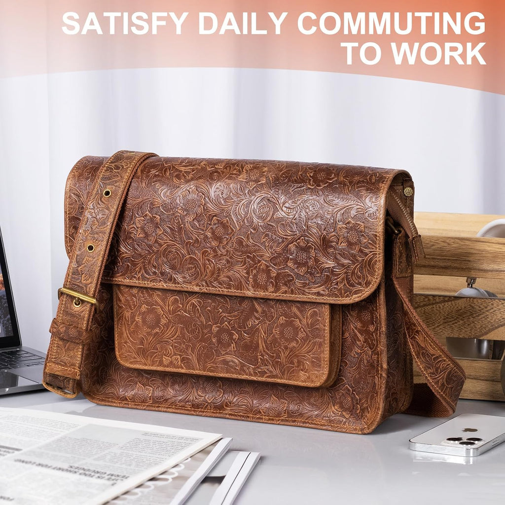 Messenger Bag 14 Inch Vintage Genuine Leather Briefcase Large Leather Computer Laptop Bag Satchel, Brown