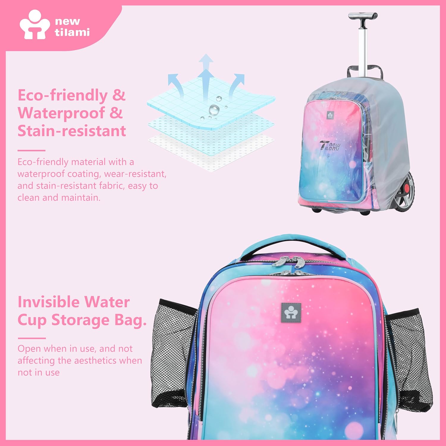 NEW TILAMI 20' Rolling Backpack for Teens Adults, Climbing Stairs Waterproof Backpack with Wheels for School Business Trave Camping with Laptop Compartment, Fit 17 Inch Laptop, Pop Gradient