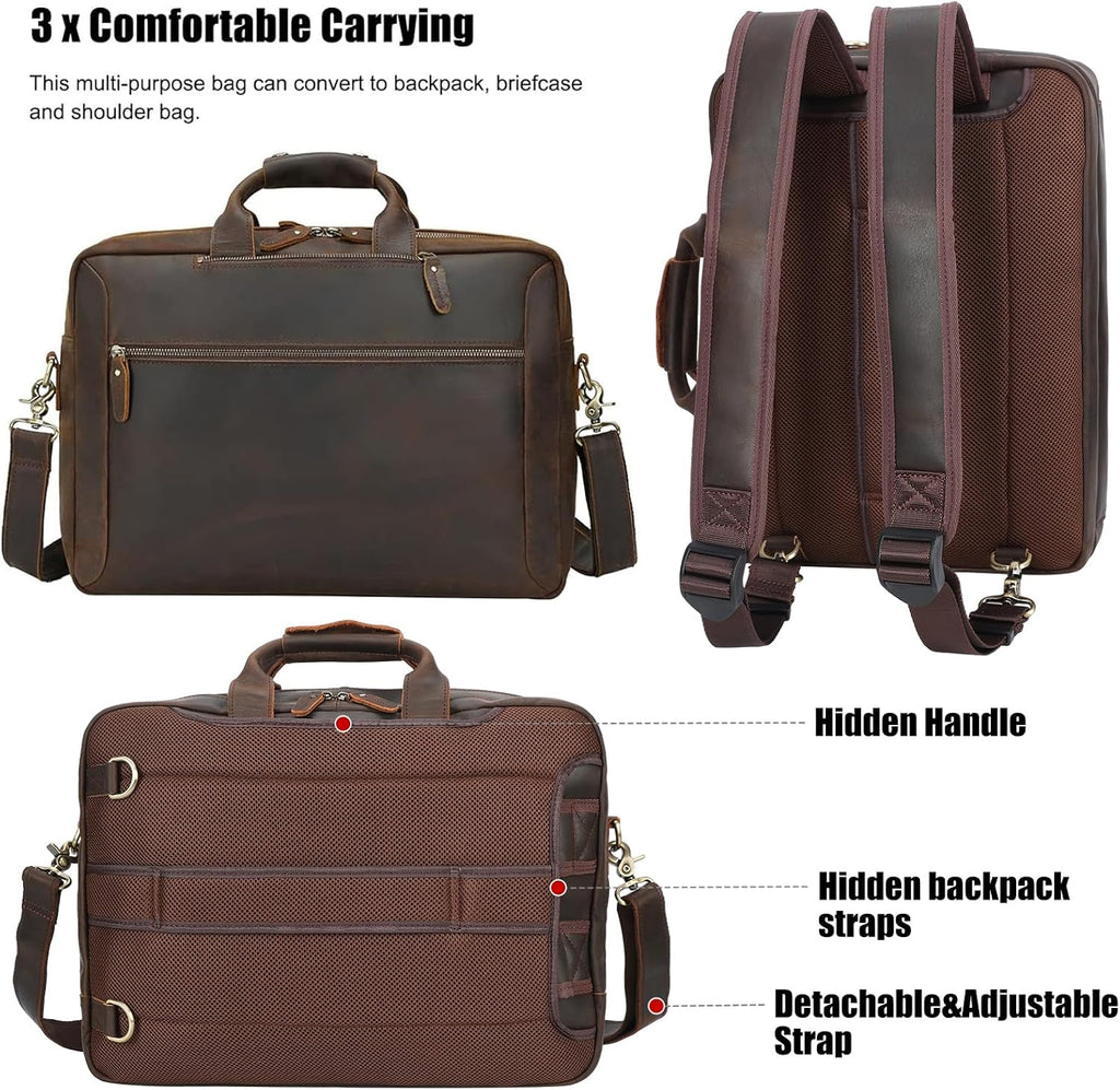 TIDING Leather Convertible Briefcase Backpack for Men, Large 15.6 Inch Laptop Messenger Bag Work Business Travel Crossbody Shoulder Bag