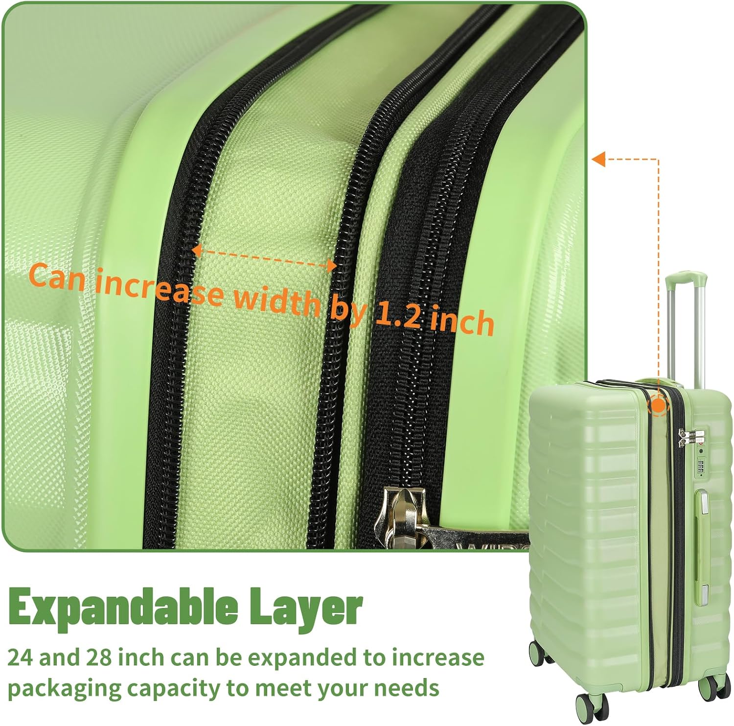 WireHot Lightweight Luggage with Spinner Wheels & YKK Zipper, 3-Piece Travel Suitcase ABS+PC Hardshell Luggage Set with TSA Lock, Light Avocado Green (20+24+28 inch)