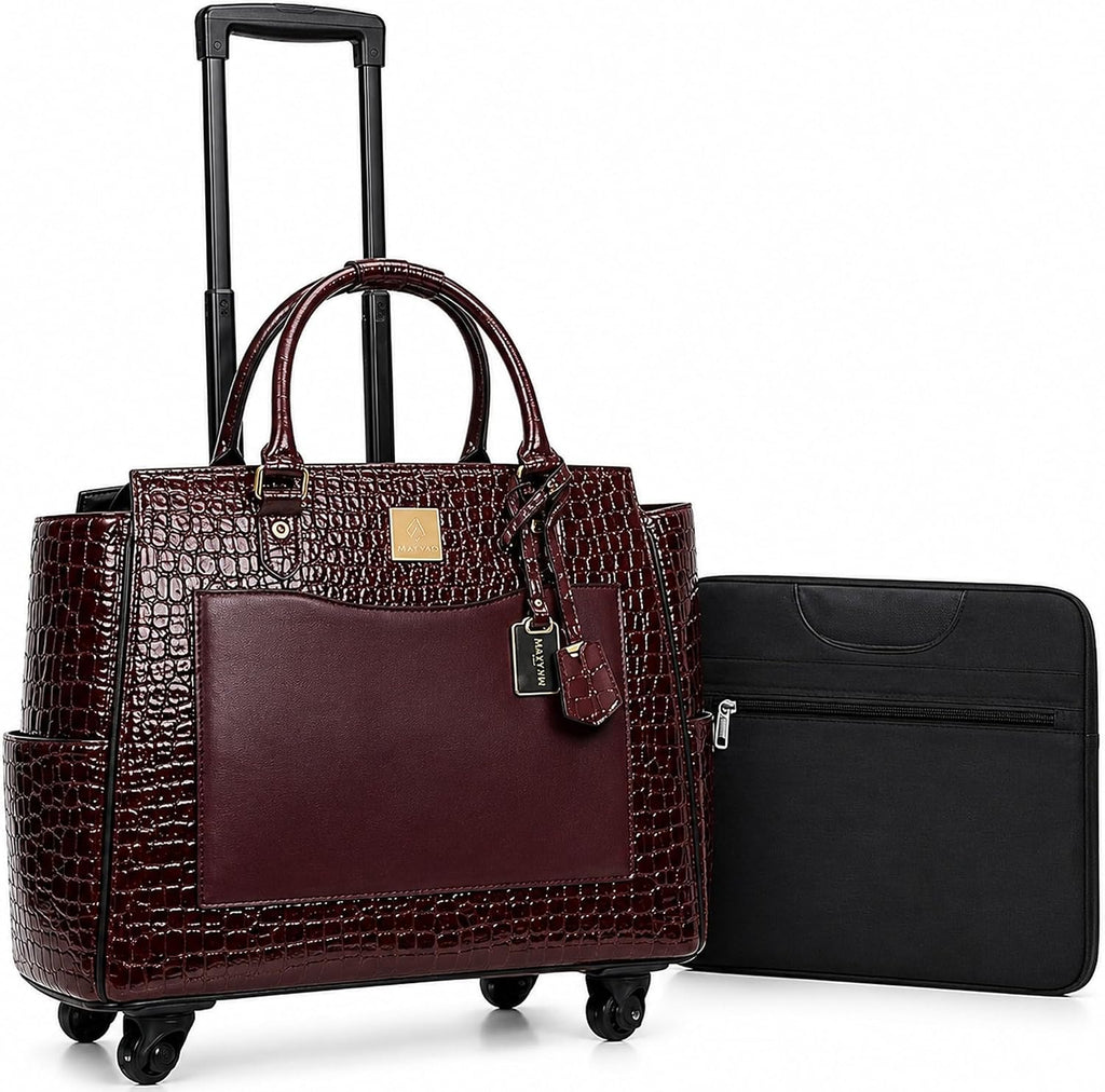 Rolling Laptop Bag for Women with Wheels & Handle Luxury Pure Leather Embossed Work Bag with Laptop Sleeve Travel Briefcase