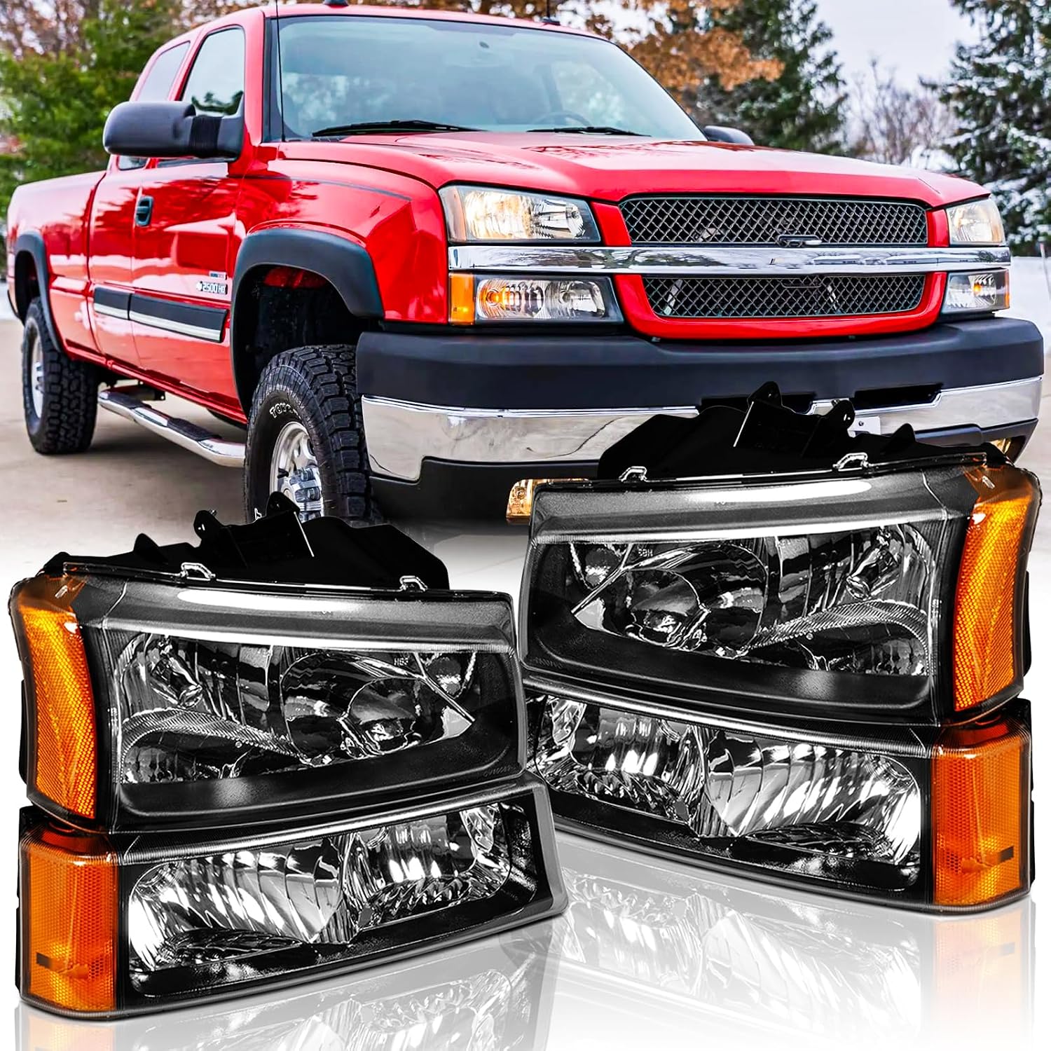 Headlights and Taillights Assembly Combo Kits for 2003-2006 Chevy Silverado 1500 2500 3500 & 2007 Chevy Silverado Classic Head Lamps/Red Rear Tail Brake Signal Lights Replacement (LH RH),Black Amber