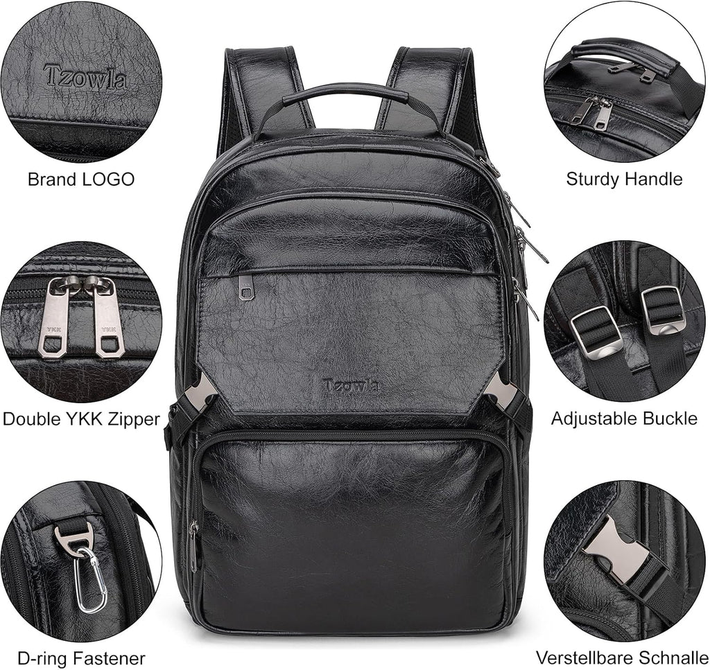 Tzowla Full Grain Genuine Leather Laptop Backpack for Men and Women,Business Work Travel Slim Daypack Fits 15.6 Inch Notebook/Computer-Black
