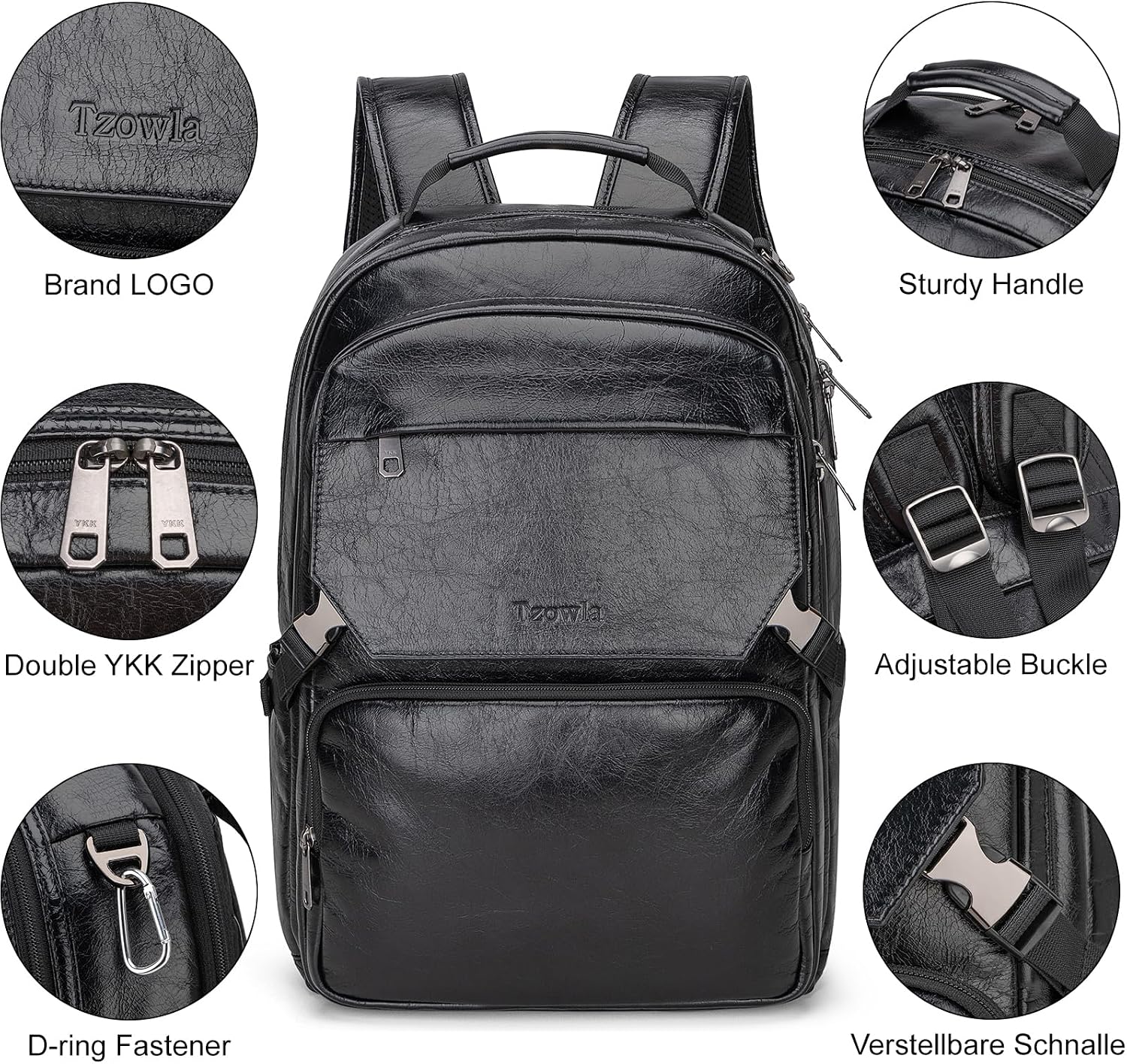 Tzowla Full Grain Genuine Leather Laptop Backpack for Men and Women,Business Work Travel Slim Daypack Fits 15.6 Inch Notebook/Computer-Black