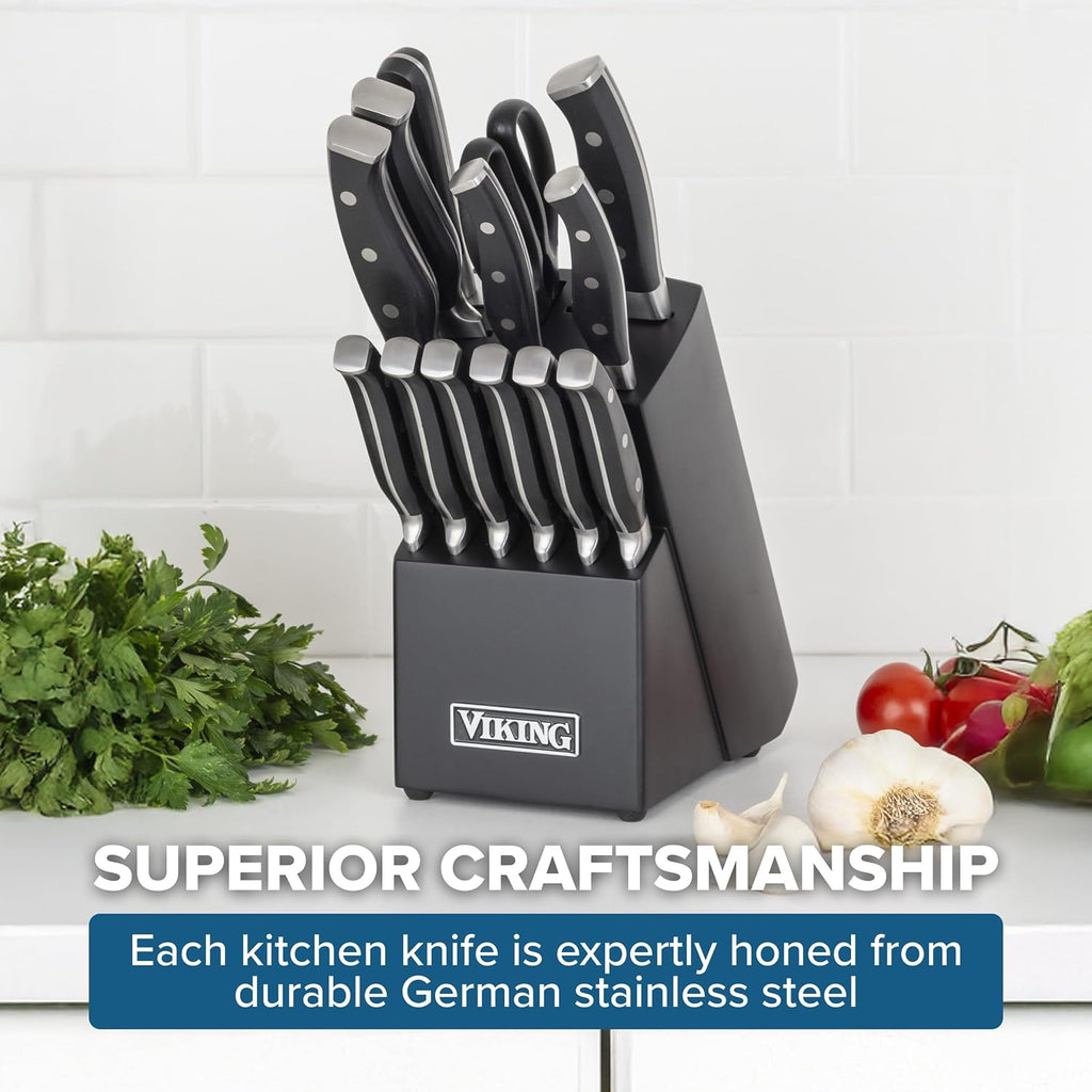 Viking 14 Piece Kitchen Knife Set with Black Block, Cutlery Set with Stainless Steel Blades and Ergonomic Handles, Dishwasher Safe