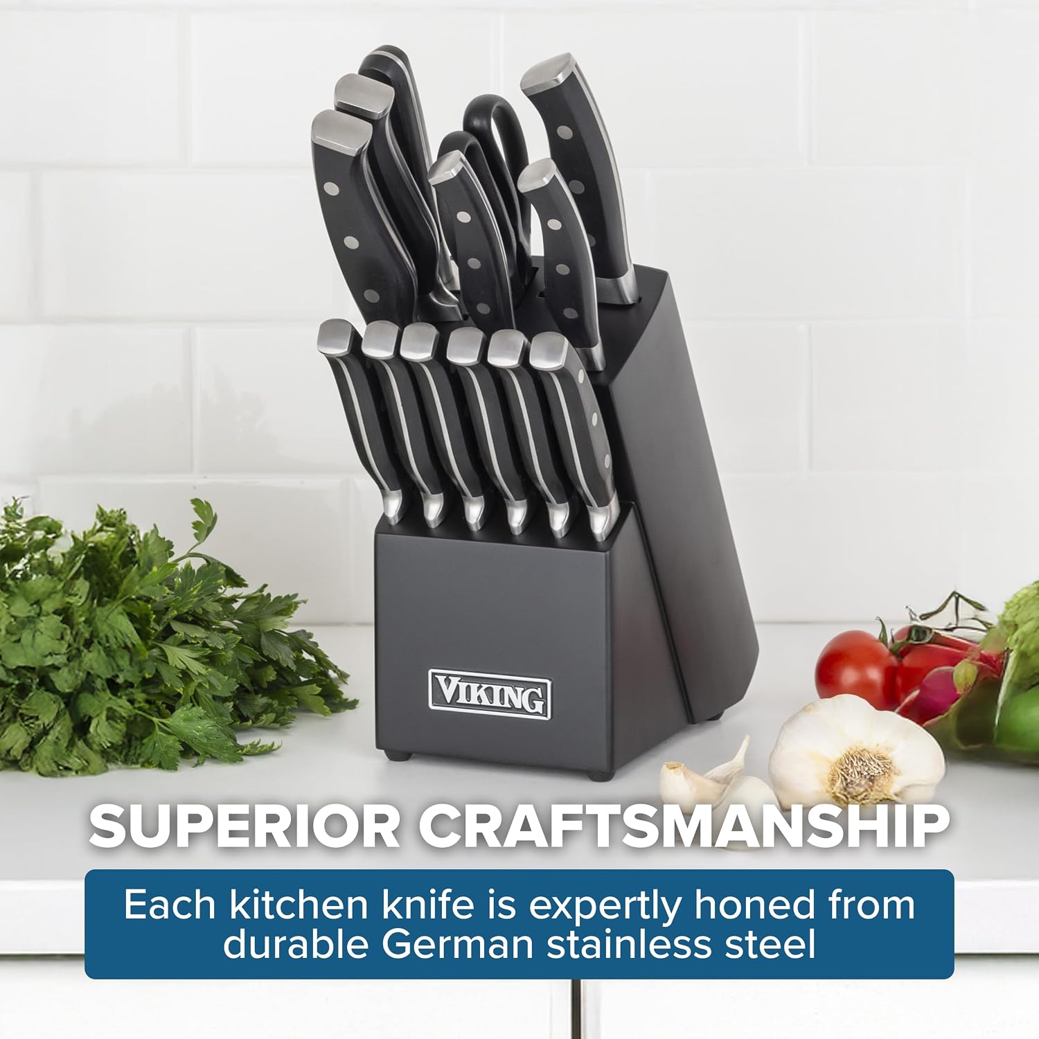 Viking 14 Piece Kitchen Knife Set with Black Block, Cutlery Set with Stainless Steel Blades and Ergonomic Handles, Dishwasher Safe