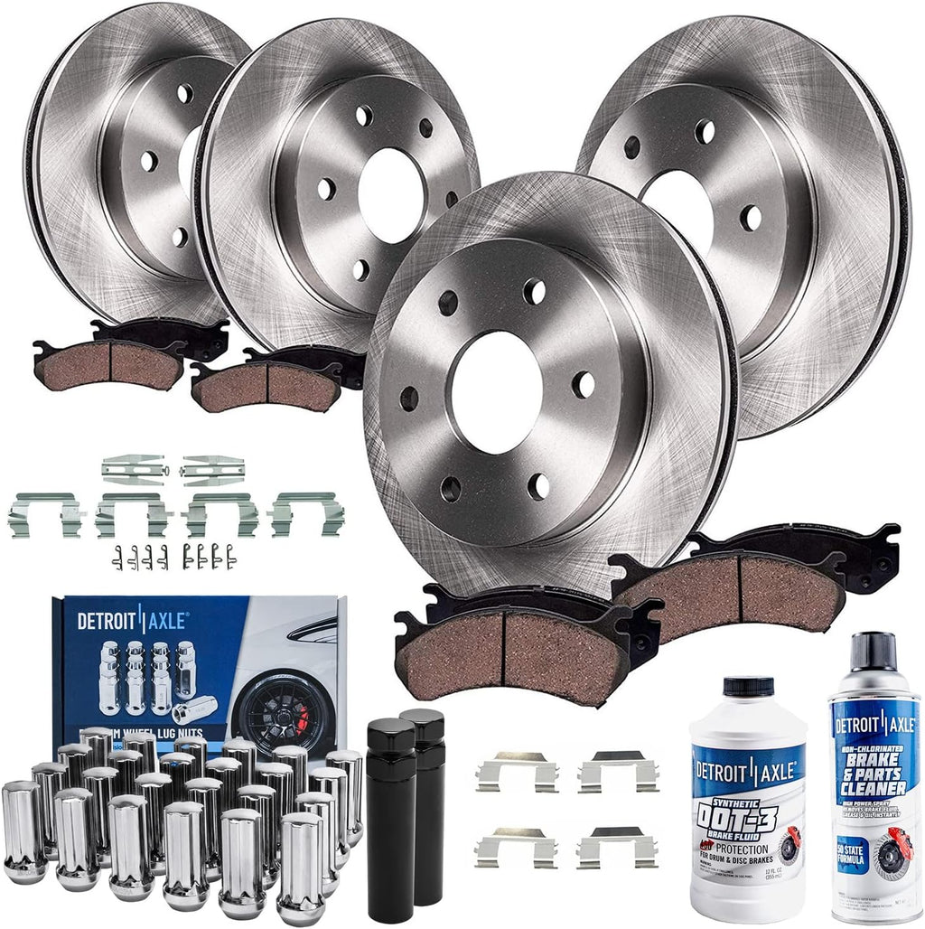 Detroit Axle - 325mm Front & Rear Disc Rotors Brake Pads + 24pc Lug Nuts w/keys Replacement for Rainier SSR Ascender Envoy 9-7X - 36pc Set