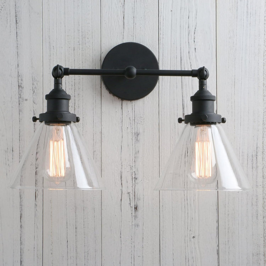PERMO Industrial Double Sconce 2-Lights Wall Sconces with Dual Funnel Clear Glass Shade Wall Sconce for Mirror Hallway Bedroom, Hardwired, E26 Base (Black)