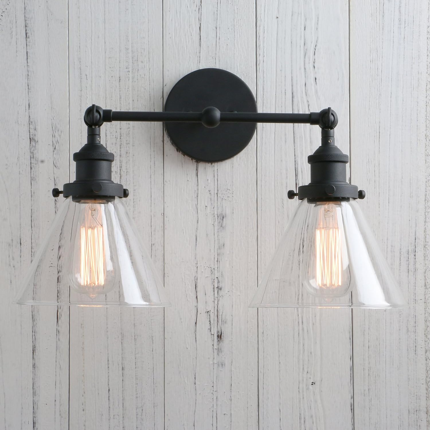 PERMO Industrial Double Sconce 2-Lights Wall Sconces with Dual Funnel Clear Glass Shade Wall Sconce for Mirror Hallway Bedroom, Hardwired, E26 Base (Black)